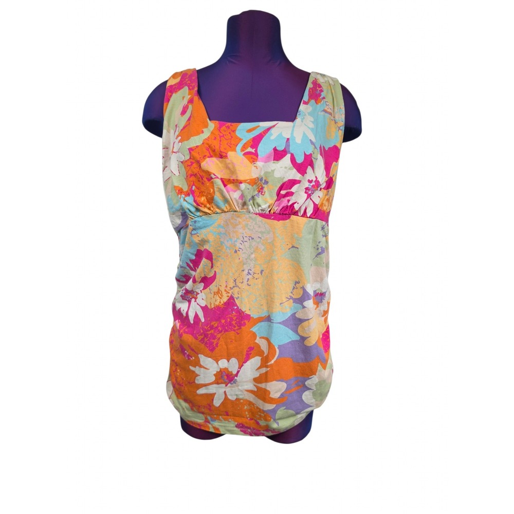Cabi XL Floral Empire Waist Tank Top Multi Color Square Neck Ruched Side Y2K - Picture 7 of 7